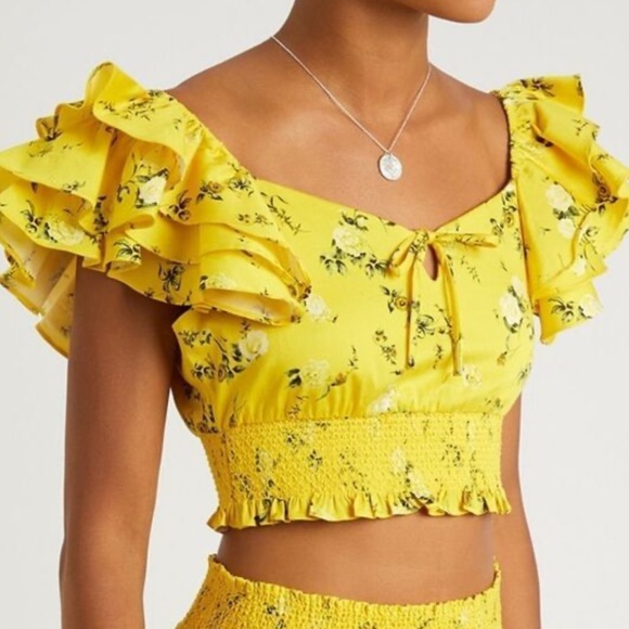 Alice + Olivia Ruffle Sleeve Tie Front Cropped Top Sunbeam M MSRP $458 - Picture 1 of 4